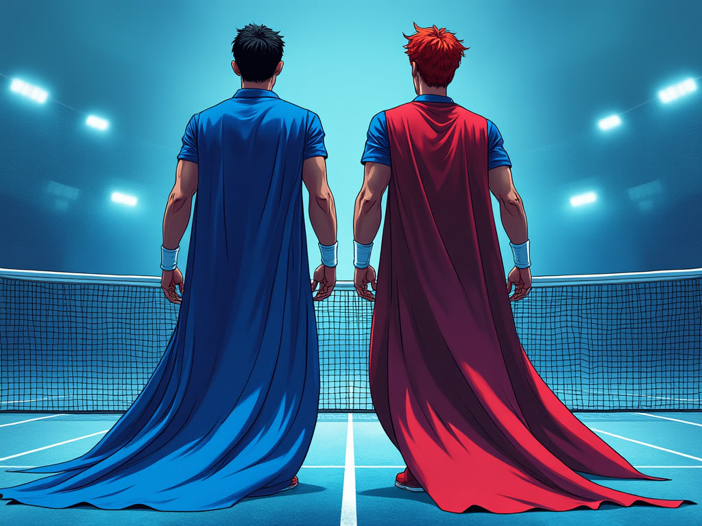 Tennis players with cape on a court