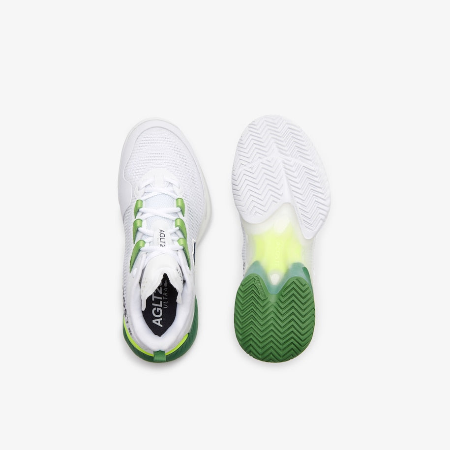 Lacoste AG-LT23 Ultra Women's Tennis Shoes in White/Green, showcasing engineered jacquard uppers for optimum breathability